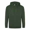An AWDis Just Hoods JH050 dark green zip-up hoodie featuring a hood and front pockets.