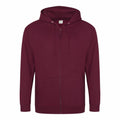 The AWDis Just Hoods JH050 is a maroon zip-up hoodie featuring a hood and front pockets. It is plain, with drawstrings at the neck and a full-length zipper down the front, displayed against a white background.