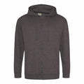 The JH050 by AWDis Just Hoods is a plain, dark gray zip-up hoodie featuring a drawstring hood, showcased against a white background. This hoodie boasts a simple and casual design.