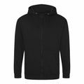 The AWDis Just Hoods JH050 is a plain black zip-up hoodie featuring a drawstring hood and two front pockets, displayed against a white background.