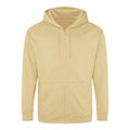 AWDis Just Hoods JH050 hoodie in beige, featuring a zip-up design with a hood and drawstrings, along with front pockets. The hoodie is showcased against a plain white background.