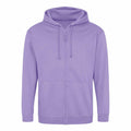 The JH050 hoodie by AWDis Just Hoods features a lavender color, zip-up front, drawstring hood, and front pockets, showcased against a white background.