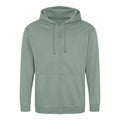 The AWDis Just Hoods JH050 hoodie in green, featuring a zip-up design, drawstrings, and front pockets, is displayed against a plain white background.