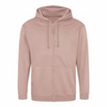 The AWDis Just Hoods JH050 is a plain beige zip-up hoodie featuring a hood and front pockets, showcased against a white background.