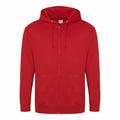 Introducing the AWDis Just Hoods JH050: a vibrant red zip-up hoodie featuring a drawstring hood and convenient front pockets, showcased against a pristine white backdrop.