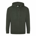 The AWDis Just Hoods JH050 is a casual dark green zip-up hoodie featuring a drawstring hood, two front pockets, and long sleeves, showcased against a white background.