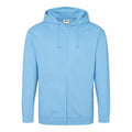 The AWDis Just Hoods JH050 is a light blue zip-up hoodie featuring a hood with drawstrings, a front zipper, and two front pockets. It is showcased against a plain white background.
