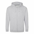 The AWDis Just Hoods' JH050 is a simple and casual plain gray zip-up hoodie featuring a hood and drawstrings. It has long sleeves and a full-length zipper down the front, displayed on a white background.