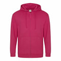 The JH050 by AWDis Just Hoods is a vibrant pink zip-up hoodie complete with a hood and drawstrings. It includes front pockets and features a full-length zipper, shown laid flat against a white background.