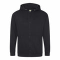 The JH050 by AWDis Just Hoods is a plain black zip-up hoodie featuring a hood and drawstrings, long sleeves, and two front pockets.