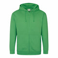 The JH050 by AWDis Just Hoods is a green zip-up hoodie featuring a drawstring hood and front pockets, showcased against a plain white background.