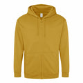 The AWDis Just Hoods JH050, a mustard yellow zip-up hoodie featuring a hood and front pockets, is displayed against a white background.