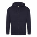The product is a JH050 by AWDis Just Hoods, featuring a plain black zip-up design with a drawstring hood and two front pockets, set against a white background.