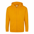 The JH050 by AWDis Just Hoods is a vibrant yellow hoodie featuring a full zipper and drawstring hood. It comes with two front pockets and ribbed cuffs and hem, set against a white background.