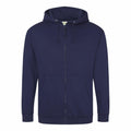 A navy blue zip-up hoodie, featuring a drawstring hood and front pockets, from the AWDis Just Hoods brand (Product Name: JH050), displayed on a plain white background.