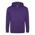 The JH050 by AWDis Just Hoods is a purple zip-up hoodie featuring a hood with drawstrings and is crafted from soft fabric. It includes long sleeves and two front pockets, and it is showcased against a plain white background.