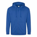 The JH050 by AWDis Just Hoods is a plain blue zip-up hoodie featuring a hood with drawstrings, displayed against a white background. It comes with long sleeves, a front zipper, and two pockets.