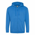 The AWDis Just Hoods JH050 is a blue hoodie featuring a zip-up design, drawstring hood, and front pockets.