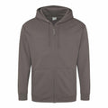 The AWDis Just Hoods JH050 is showcased against a white backdrop, highlighting its gray color. It features a drawstring hood, front zipper, and two pockets, offering a simple and casual design.