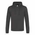 The JH050 hooded sweatshirt by AWDis Just Hoods, featuring a front zipper, drawstrings, and side pockets in plain black, is displayed against a white background.