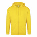A vibrant yellow zip-up hoodie from AWDis Just Hoods, model JH050, is displayed against a plain white background. It features a hood with drawstrings and front pockets, shown from the front perspective.