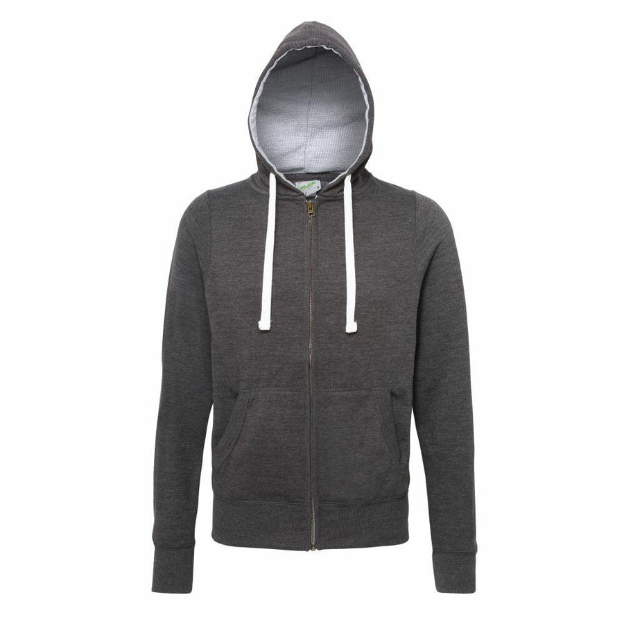 The AWDis Just Hoods JH052 is a dark gray zip-up hoodie featuring white drawstrings and front pockets, showcased against a white background.