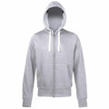 The AWDis Just Hoods JH052 is a gray zip-up hoodie featuring a hood and two front pockets.