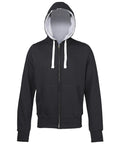 The product listed is the JH052 by AWDis Just Hoods, featuring a black zip-up hoodie with white drawstrings and a gray inner lining on the hood. It is displayed against a plain white background and boasts front pockets as part of its casual, straightforward design.