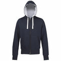 An AWDis Just Hoods JH052 black hooded sweatshirt features a front zipper, two pockets, white drawstrings on the hood, and a light gray lining.