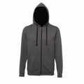 The AWDis Just Hoods JH053, a gray zip-up hoodie featuring black drawstrings, is displayed on a white background.