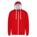 AWDis Just Hoods JH053 zip-up hoodie in red, featuring a hood and white drawstrings, displayed on a white background.