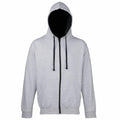 A gray zip-up JH053 hoodie from AWDis Just Hoods features a hood and black drawstrings, showcased facing forward against a plain white background.