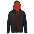 The JH053 hoodie from AWDis Just Hoods is black with a striking red lining in the hood and matching red drawstrings. The zipper and pocket details are also highlighted in red. The hood is raised to cover where the face would be, set against a simple white background.