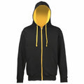 The AWDis Just Hoods JH053 is a sleek black zip-up hoodie featuring a contrasting yellow interior lining and yellow drawstrings. It includes a front zipper and two pockets, with the hood up to highlight the vibrant yellow interior.