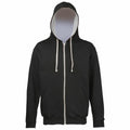 The AWDis Just Hoods JH053 is a black zip-up hoodie featuring a hood and contrasting white drawstrings, displayed on a white background. It includes two front pockets and a convenient front zipper.