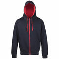 An AWDis Just Hoods JH053 black zip-up hoodie featuring red inner lining and drawstrings. It is fully zipped with the hood up and includes front pockets on each side.