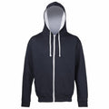 A mannequin displays a JH053 black zip-up hoodie from AWDis Just Hoods, featuring white drawstrings and pockets.