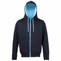 The AWDis Just Hoods JH053 features a black exterior with a light blue interior and drawstrings, complete with a front zipper and two pockets. The hoodie is worn with the hood up and displayed against a white background.