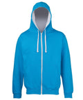 The AWDis Just Hoods JH053 is a vibrant blue zip-up hoodie with a white drawstring and a front pocket, showcased on a neutral gray mannequin. The hood is up, revealing its gray interior.
