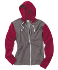 AWDis Just Hoods JH059 zip-up hoodie in gray and burgundy, featuring a white drawstring and long sleeves.