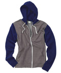 AWDis Just Hoods JH059 zip-up hoodie in gray and navy, featuring a white drawstring and long sleeves.