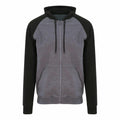 AWDis Just Hoods' JH063 zip-up hoodie in gray and black, featuring a drawstring hood and front pockets, set against a white background.