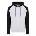 The JH063 by AWDis Just Hoods is a full-zip jacket showcasing a front view with a light gray body and black sleeves. It features a drawstring hood and two front pockets.