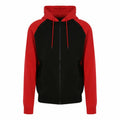 AWDis Just Hoods' JH063 is a black and red zip-up hoodie featuring front pockets and a drawstring hood.
