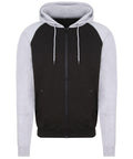 The JH063 hoodie by AWDis Just Hoods features a stylish design with a black body complemented by gray sleeves and hood. It includes a drawstring hood, front pockets, and ribbed cuffs and hem for added comfort.