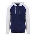 Introducing the JH063 by AWDis Just Hoods: a stylish zip-up hoodie featuring a dark blue body complemented by light gray sleeves and a hood. It comes complete with adjustable drawstrings, front pockets, and a cozy hood for added comfort.