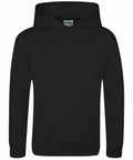 The JH06J by AWDis Just Hoods, a plain black hoodie featuring a front pocket and hood, is displayed against a white background.