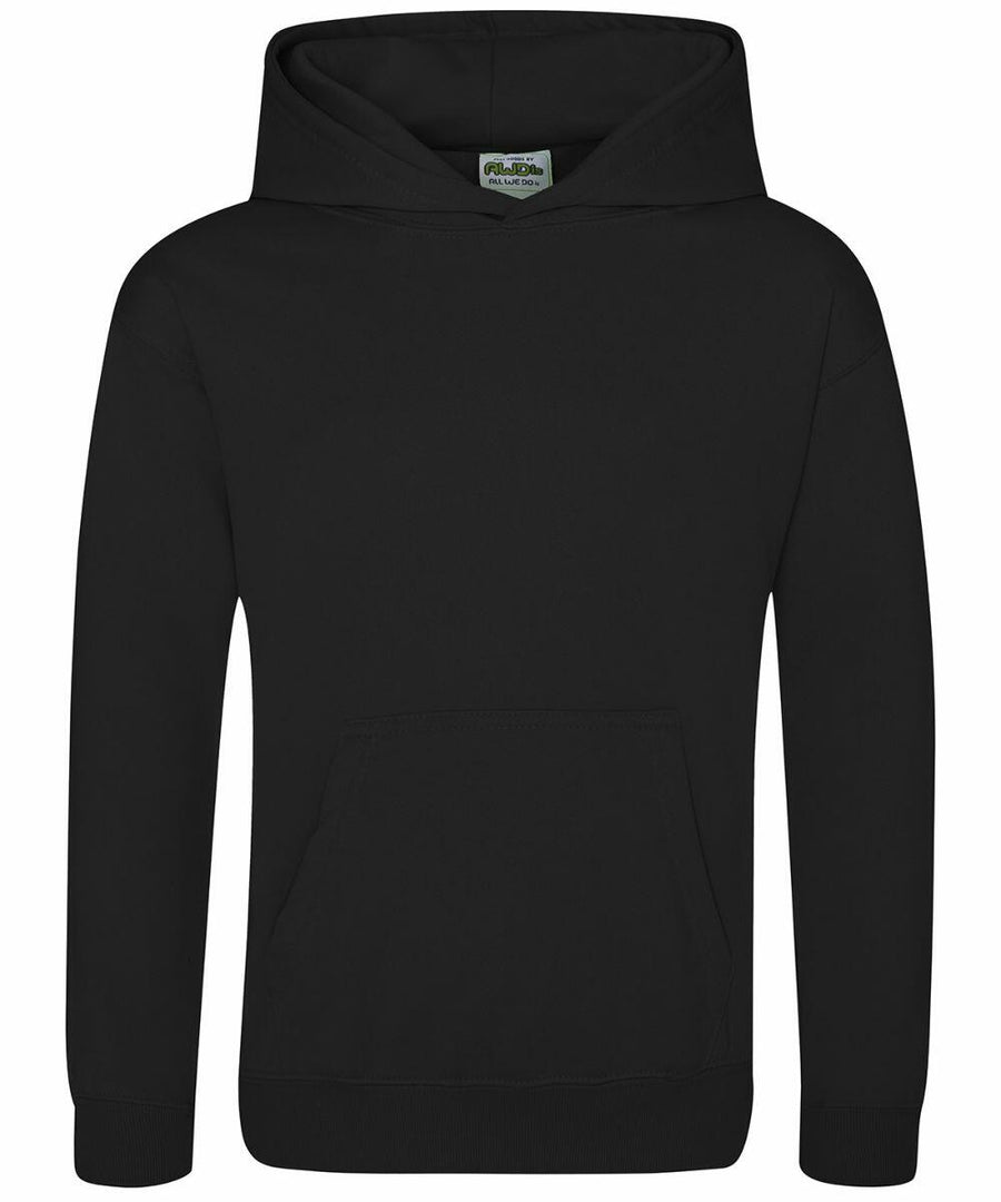 The JH06J by AWDis Just Hoods, a plain black hoodie featuring a front pocket and hood, is displayed against a white background.