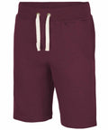 The AWDis Just Hoods JH080 shorts are maroon with white drawstrings, and they feature an elastic waistband and side pockets.