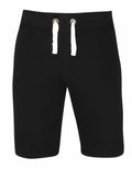 AWDis Just Hoods JH080 shorts in black, featuring a white drawstring, an elastic waistband, and a knee-length design.